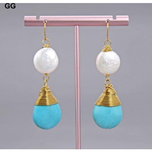 GuaiGuai Jewelry 12MM Natural Coin Pearl Blue Turquoises Dangle Earrings