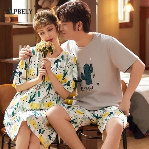 SLPBELY Cotton Couple Pajamas Homesuit Summer Casual Cactus Women Nightdress Men Pyjamas Lover Homewear Sleepwear Nightwear 2021
