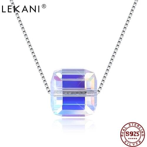 LEKANI 925 Sterling Silver Necklaces For Women Simple Square Colorful Austria Crystal Pendant Necklace Casual Fine Jewelry