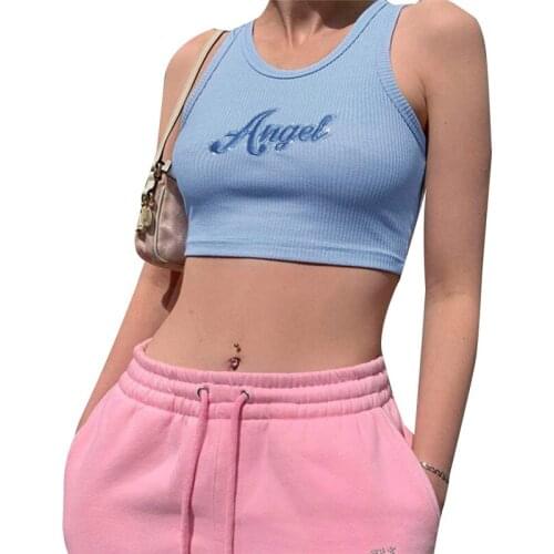 Y2K Women Fashion Sleeveless Crop Top Letter Embroidery Tank Top E-girls Vest Summer Sling Top Ladies Sportwear