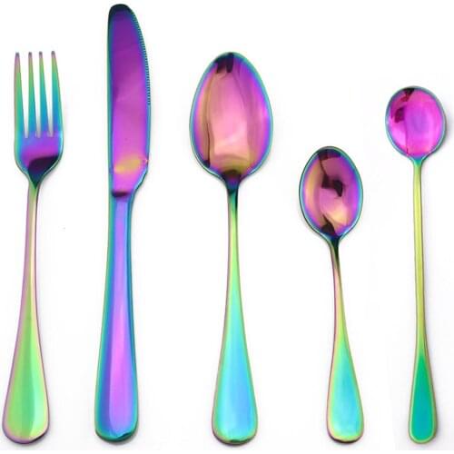 Luxury 5Pcs/Set Stainless Steel Dinnerware Set Blue Cutlery Set Rainbow Dinning Knife Scoops Fork Teaspoon Silverware Set