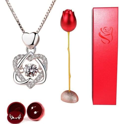 Fashion Heart Necklace Set With Rose Simulation Flower Creative Jewelry Box Double Heart Flower Pendant Valentine Gifts