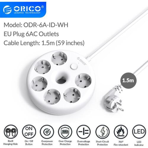 ORICO Power Strip 6AC Outlets Electrical Multiple Socket With 1.5M Extension Cable For Office Home Overload Protection EU Plug