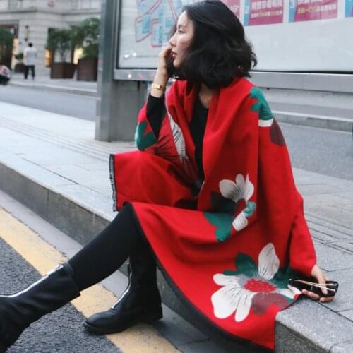 All-match shawl flower scarf female winter Korean version double-sided thickened women cashmere-like dual-use cloak warm schal