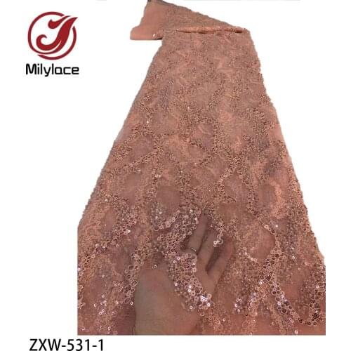 High Quality Hand Beaded Sequins Fabric French Tulle Lace Fabric Luxury Embroidery Nigeria Lace Fabric for Wedding Dress ZXW-531