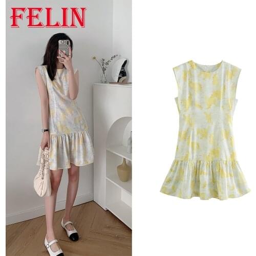 FELIN 2021 Womens Za Summer Sleeveless Ruffle Dress O-Neck Elegant Yellow Floral Mini Dress Female Vintage Mujer Vestidos
