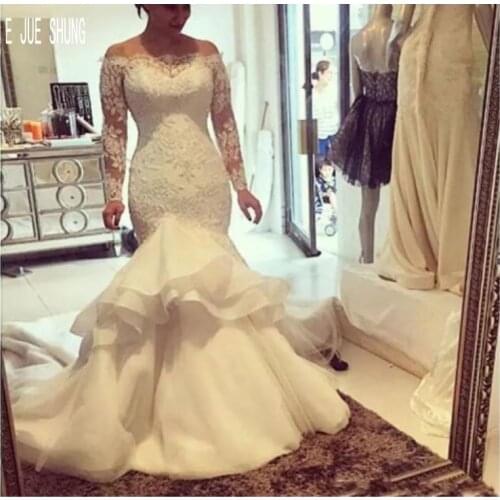 E JUE SHUNG White Organza Lace Appliques Mermaid Wedding Dresses Off the Shoulder Long Sleeves Wedding Gowns robe de soiree