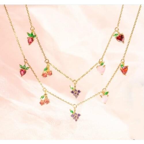 2020 Fashion Jewelry for Women Cherry Grape Pineapple 5 Fruits Crystal Charm Pendants 18k Gold Chain Choker Necklaces For Women