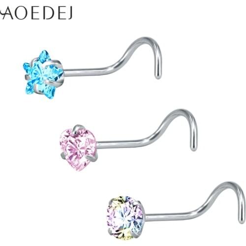AOEDEJ 3 Pcs 1 Lot 20g Heart Nose Stud Piercing Rings Stainless Steel Star Nose Piercing Crystal Nose Stud l Shape Body Jewelry