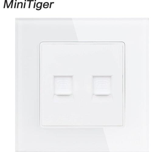 Minitiger White Luxury Crystal Glass Panel Double 1 Gang RJ11 Telephone Wall Outlet Socket Popular at ES RU