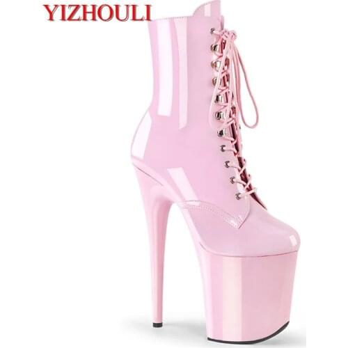 Pink 8 inch fashion shoes, 15-23 cm stiletto heels, sexy princess ankle boots, model banquet pole dancing performance boots