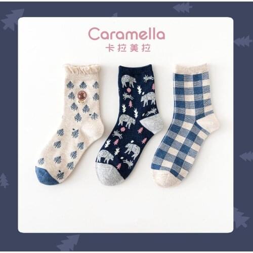 2020 Caramella New Pattern 3pairs/lot Autumn Women Socks Funny Cartoon Dear Long Socks Navy Gride Short Socks Sweet Cotton Socks