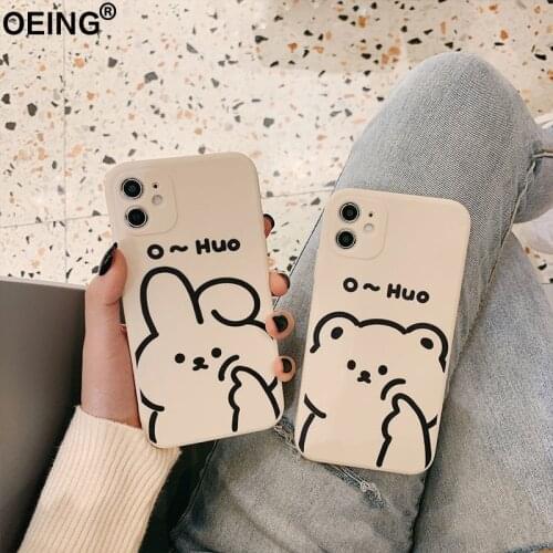 OEING Cute Bear Phone Case For Iphone 12 Pro Max Mini 11 7 8 Plus X XS Max XR SE Cartoon Simple Case Cover Full Lens Protection