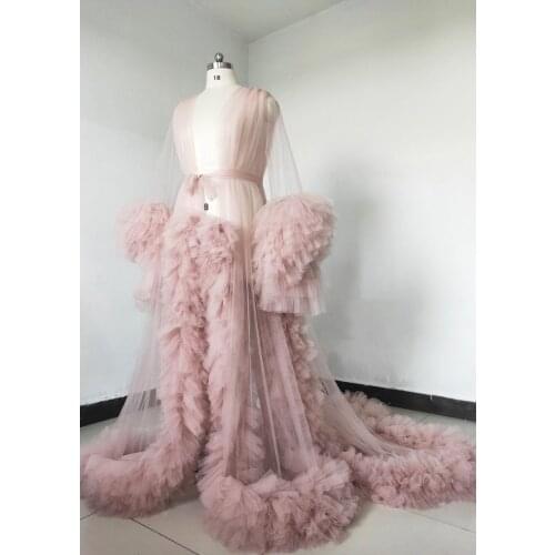 Fashion Photography Dress See Thru Prom Dresses With Puff Full Sleeves Prom Gowns Ruffles Tiered Pregnant Woman Long Robe