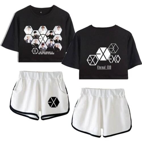 EXO Ablum Two Piece Set Top Shorts Suit Sexy Outfit Short Sleeve Bodycon Sport Suit Femme Kpop Korean Style Tracksuit Wholesale