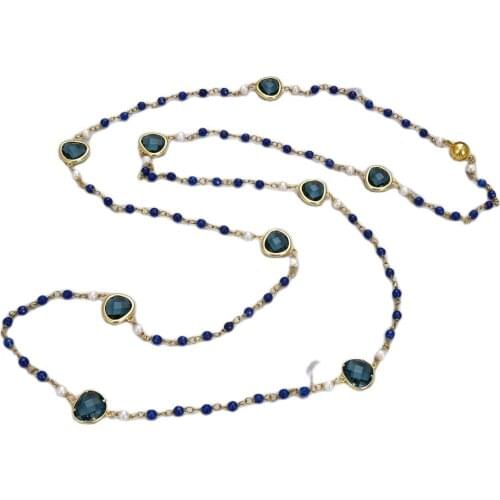 GG Jewelry 44" Natural White Round Freshwater Pearl Blue Agates Crystal Connector Necklace