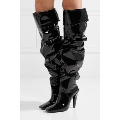 Fashion Pointed Toe Boot Women Knee Boots Luxury Black Patent Leather High Heels Thigh High Boot Woman Autumn Winter Shoes
