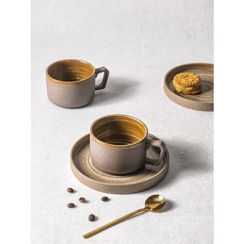 Japanese style stoneware coffee mugs and saucer set light luxury European luxury coffee cup retro vintage threaded cup 250ml