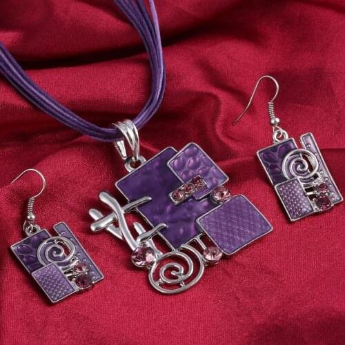 Bohemia Enamel Jewelry Sets Delicate Lucite Silver Plated Pendant Multilayer Leather Chain Choker Necklace Earrings Set Wedding