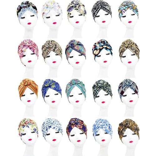 New Indian Arab Wrap Women Head Scarf Turban Caps Trendy Printed Hat Bonnet Bohemian Ethnic Inner Hat For Cap Muslim Headdress