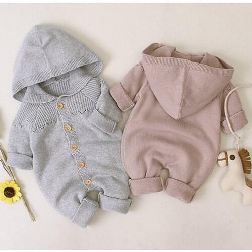 Baby Boys Girls Pure Color Hooded Rompers Clothes Children 2020 Autumn Winter Baby Boy Girl Kids Knitting Long Sleeve Romper