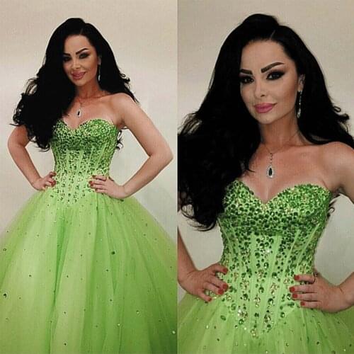 SuperKimJo Vestido De Festa Sparkly Prom Dress Ball Gown Beaded Crystals Lime Green Elegant Prom Gown Robe De Soiree