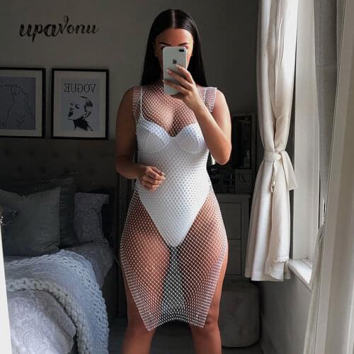 UpAvonu Diamonds Mesh Sexy Beach Dress Women Hollow Out Crystal Diamond Sleeveless Bodycon Party Dress Elestic Nightclub Outwear