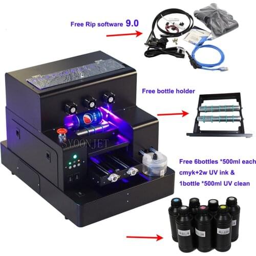 Full automatic UV printer A4 UV Led flatbed Bottle Printer with 3500ml UV ink set For phone case Cylinder wood glass printing