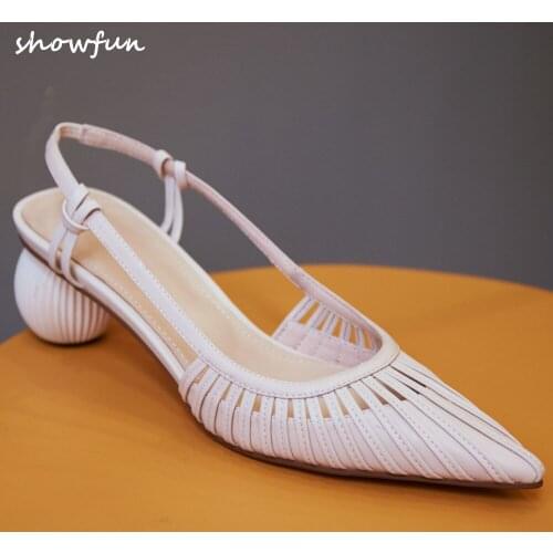 Womens genuine leather narrow band slip-on sandals ball heel pointed toe slingback summer elegant ladies dress pumps shoes sale