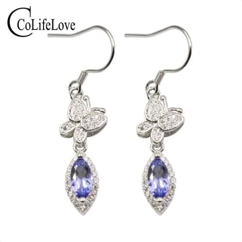 Elegant tanzanite drop earrings for party 4mm*8mm natural VS grade tanzanite earrings 925 silver tanzanite jewelry gift for girl