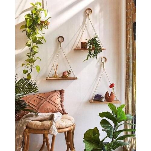 Home decoration rack wooden shelving floating shelf Plant Flower Pot Premium Wood Swing Hanging Rope Wall Mounted crafts Shelves