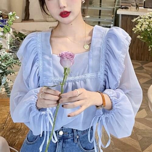Summer Blue Casual Blouse Tops Women Korean Patchwork Long Sleeve Sweet Blouse Shirt Female Holiday Chiffon Kawaii Blouse Tops