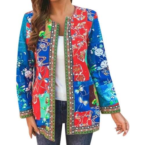 Fashion Womens Coat Autumn Winter Ethnic Floral Print Long Sleeve Loose Jacket Coat Open Front with Pockets for Daily Life