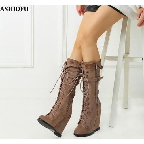 ASHIOFU Handmade Womens Wadge Heel Mid-calf Boots Shoelace Vintage Party Prom Martin Boots Sexy Evening Fashion Boots Shoes