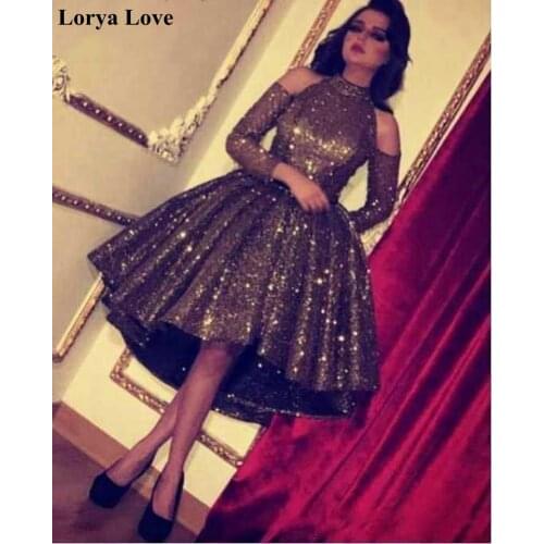 Fashion Sequined Ball Gown Prom Dresses 2020 New Elegant Halter Neck Sexy Women Formal Off The Shoulder Long Sleeves Party Gowns