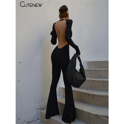 Cutenew Solid Black Sexy Backless Bodycon Wide Leg Jumpsuit Women Autumn Casual Slim Long Sleeve O-Neck Playsuit Lady Streetwear