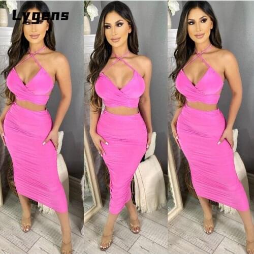 Lygens 2021 Summer Women Solid 2 Pieces Halter Lace Up Backless Cross Crop Top Midi Skirt Set Pleated Bodycon Streetwear