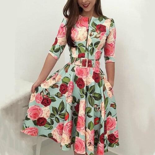 Hirigin Women Floral Print 3/4 Sleeve Chiffon Casual Loose Party Vintage Dress Zipper Regular Size Pullover Summer Autumn Cloth
