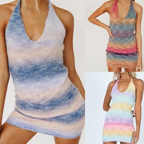 2021 Print Knit Bodycon Dress Women Rainbow Y2K Summer Hollow Out Sexy Sleeveless Spaghetti Strap Beach Midi Dresses for Party