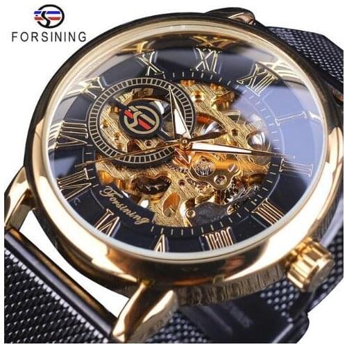 2019 Fashion Forsining Brand Transparent Case 3d Logo Engraving Golden Stainless Steel Men Gift Mechanical Watch Luxury Skeleton
