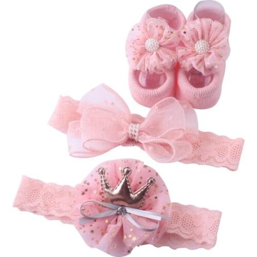 3pcs Girls Baby Socks Sets Lace Bow Knot Pearl Socks Headbands Newborn Infant Toddler GirlPhoto Props Baby Shower Sets