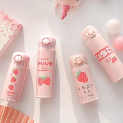 350/500ml Stainless Steel Thermos Coffee Tea Milk Travel Mug Gift Cute Water Bottle Cartoon Strawberry Insulated Vacuum Flask