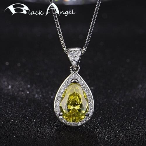 BLACK ANGEL 925 Sterling Silver Fashion Water Drop Citrine Pink Topaz White Gemstone Pendant Necklace for Women Wedding Jewelry
