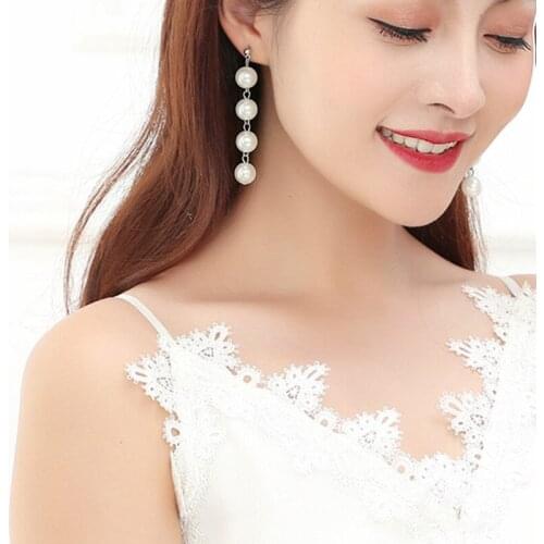 Elegance Women Pearl Dangle Earrings Metal Tassel Long Beaded Fashion Jewelry Accessory