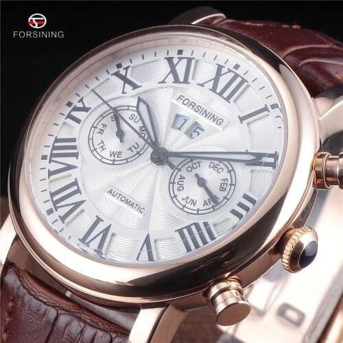 FORSINING Unique Vintage Mens Automatic Movement Steel Genuine Leather Strap Roman Business Watch Mens Watches Top Brand Luxury