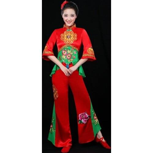 Chinese folk dance clothing pant suits Chinese dance costumes yango drum fan stage dance wear outfit performance FF758
