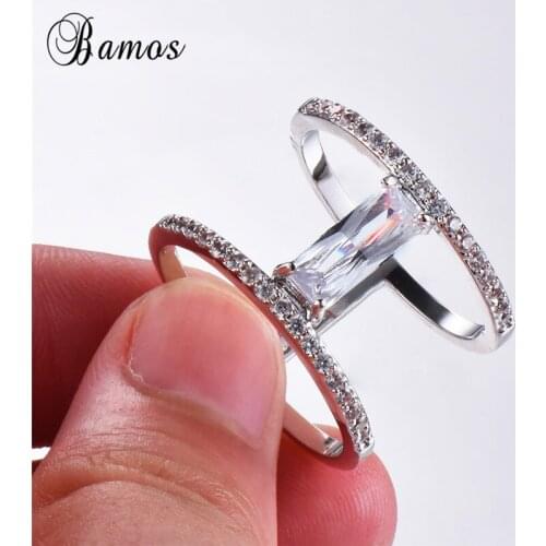 Bamos Luxury Female Big AAA Zircon Stone Ring Silver Color Jewelry B Rings For Women