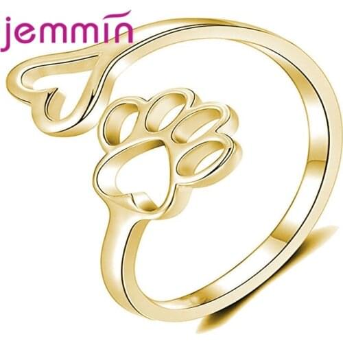 Adjustable Jewelry Hollow Dog Paw Footprints Heart 925 Sterling Silver Rings Girls Fashion Rings For Women Birthday Gift