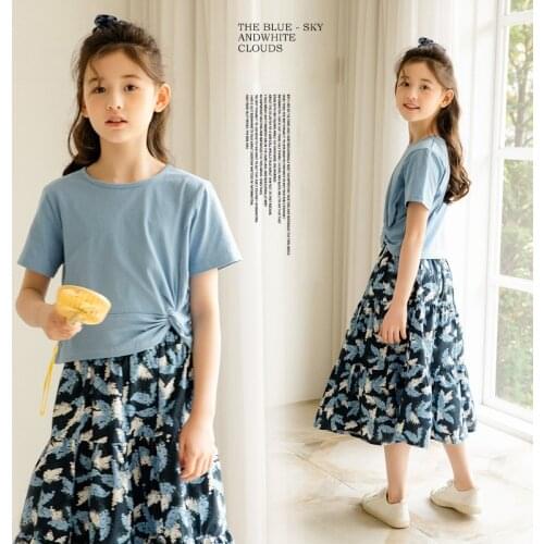 Girls Skirt Sets Blue T Shirt Two Pieces Suit for Childrens Summer Clothes Fashion Short Sleeve Print School Kids Outfits 13 Y