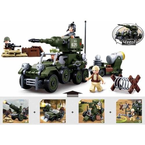 SLUBAN WW2 Military 4in1 Assault Vehicle Car Building Blocks Set MOC Bricks Classic Model Kit Soldiers Figures Kids Toys Boys